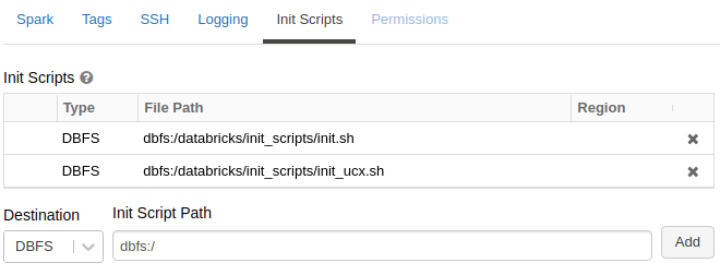 Init scripts panel showing UCX init script